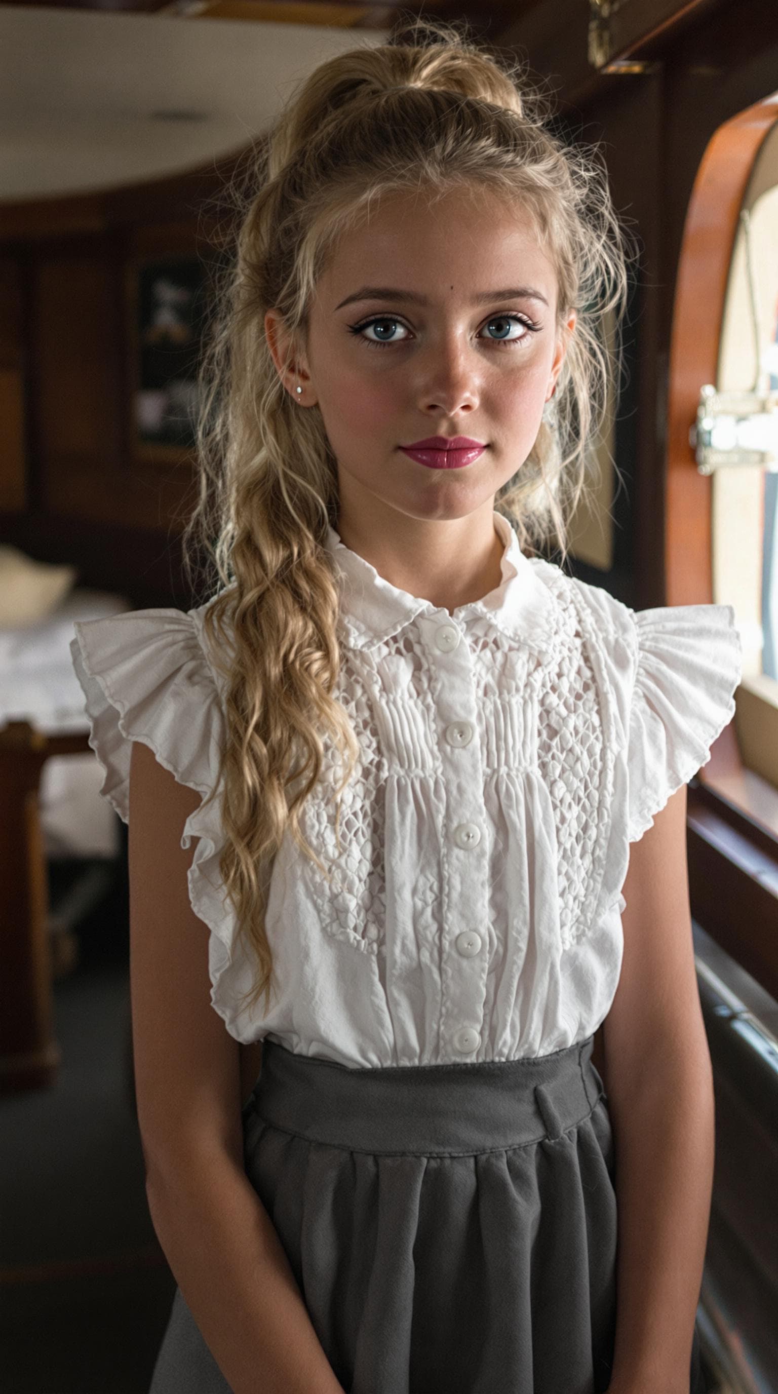 AI generated:  a professional photo of a exceptionally beautiful girl aboard the Royal Mail Ship Titanic (age 9), ...