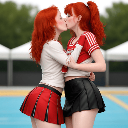 AI generated: Redhead, 2_girls, cheerleader, lesbian, kissing, wet, short_skirt