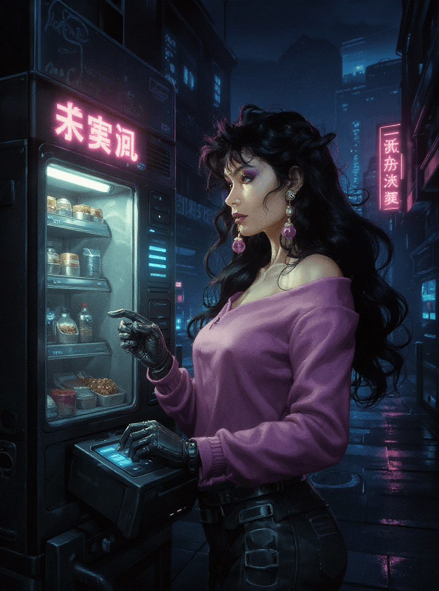 AI generated: girl of the future using a food vendor machine, futuristic design, electronic artwork, manga charact...