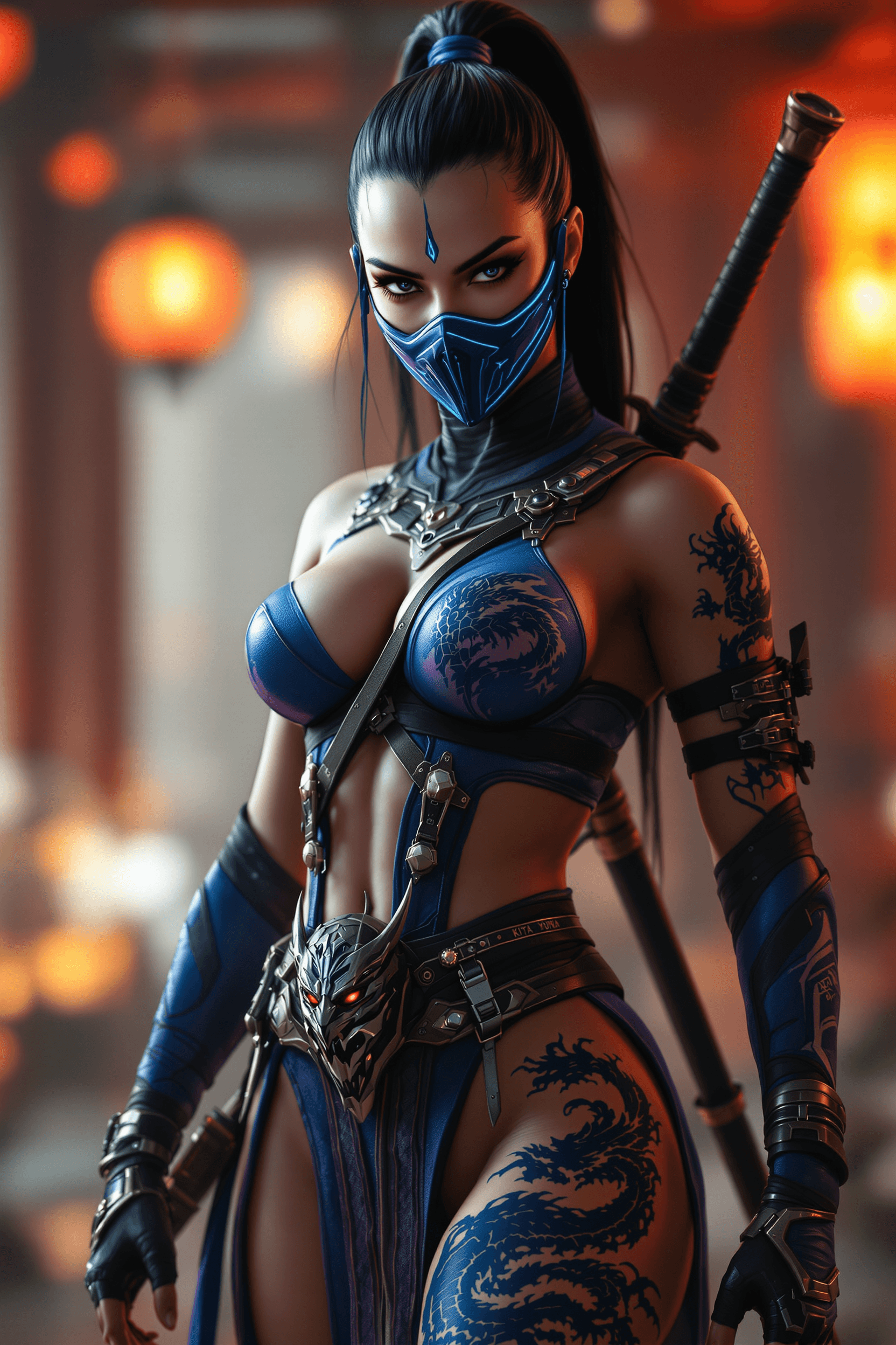 AI generated: Ultra-realistic cyberpunk Kitana, Mortal Kombat character, wearing intricate warrior suit, blue with...
