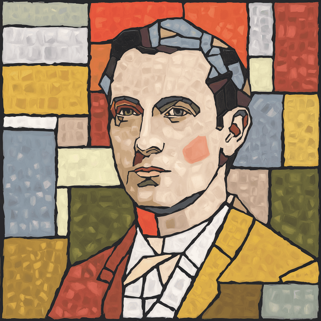 AI generated: illustration, art, man, face, gaze, mosaic, mondrian, consisting random colors, black outline, patte...