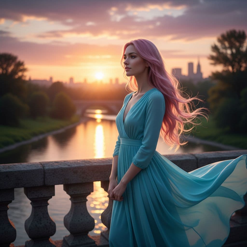 AI generated: We see young, beautiful women with pink long hair, she stay on the bridge with sunset in her eyes. S...