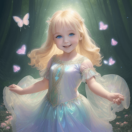 AI generated: a 4-year-old blonde girl with blue eyes and plumper cheeks,smiles,  clothes are adorned with shimmer...