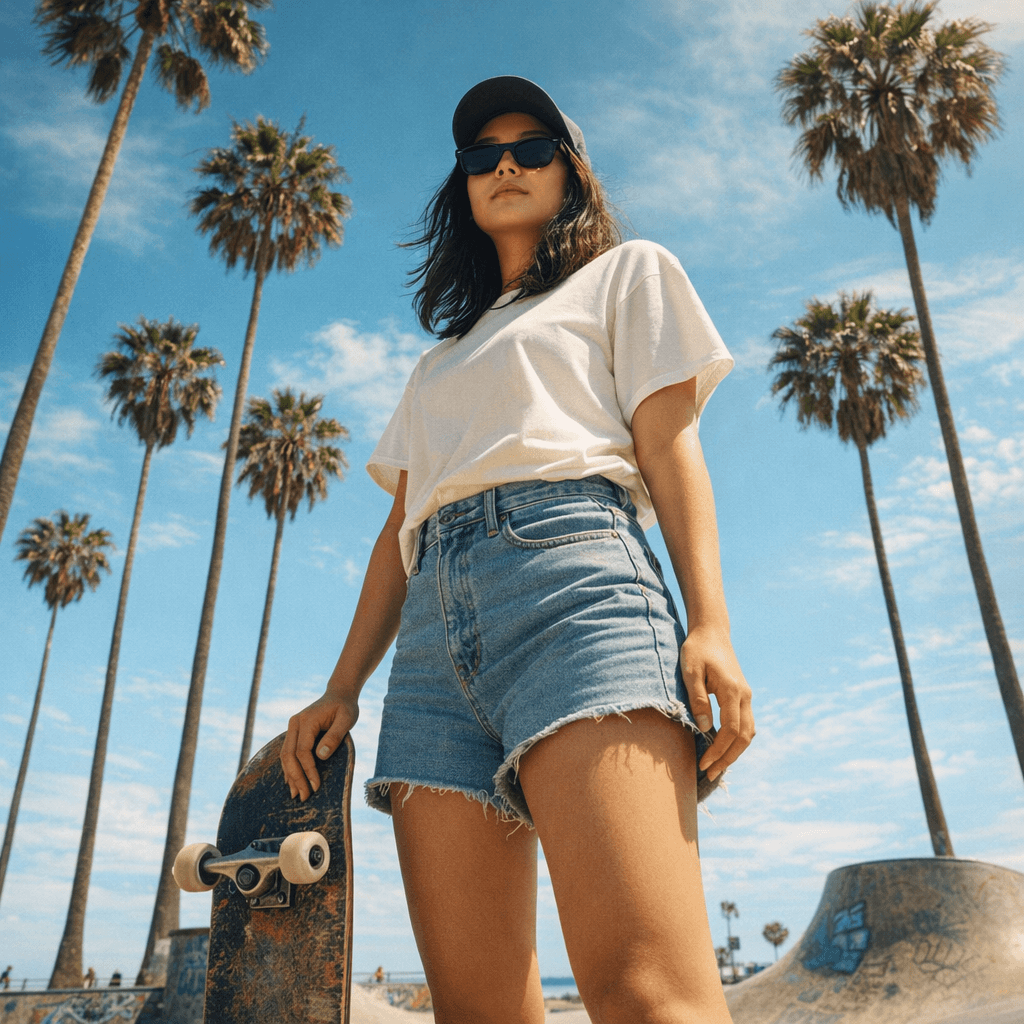 AI generated: {
  "title": "Venice Beach Skater Girl Editorial",
  "intent": "Create a cinematic low-angle portr...