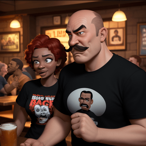 AI generated: Disney Pixar film poster, a black man with shaved short hair and a moustache, nervous but drunkily h...