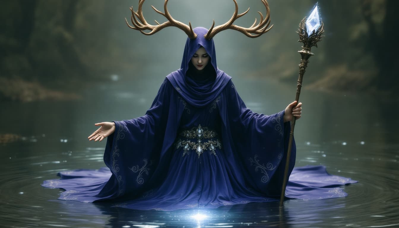 AI generated: a mystical figure standing serenely in a shallow body of water, surrounded by an ethereal aura. The ...
