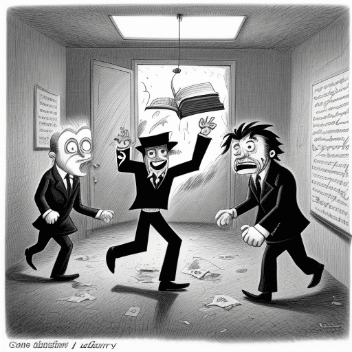 AI generated: People are escaping from a madman, cartoon, by a madman's diary