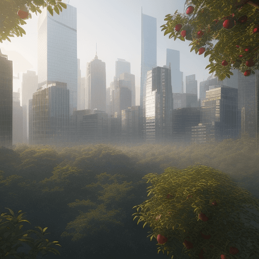 AI generated: High-detail photos, a transparent apple against the background of a dense forest, and a city with sk...