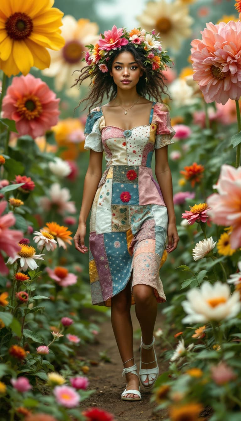 AI generated: 26. A whimsical, full-body scene of a woman wandering through a garden filled with giant, edible flo...