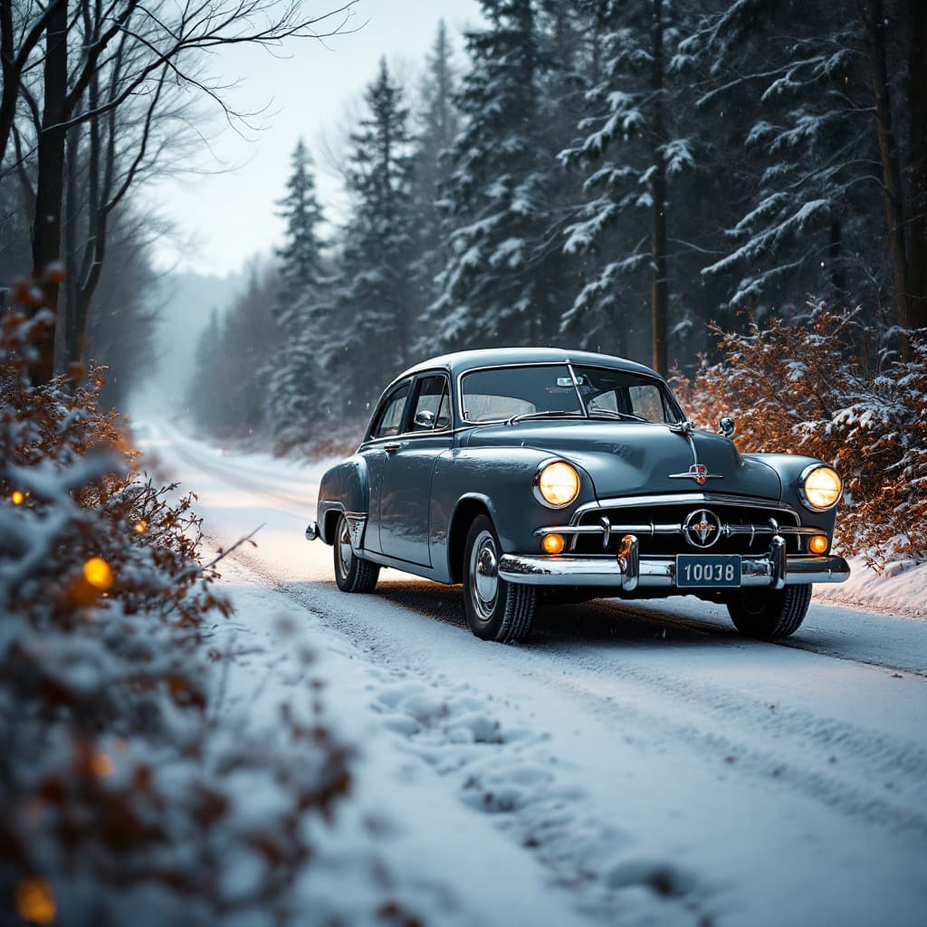 AI generated: year 1960 grey fiat tipo 2018 sedan in winter road hyper realistic