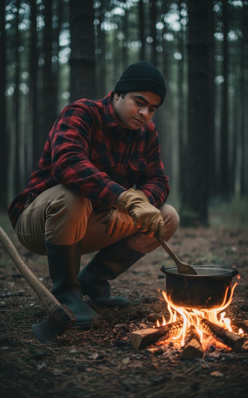 AI generated: (Camping Look):
Subject: A practical late-20s man. Clothing: Heavy flannel shirt (red and black pla...
