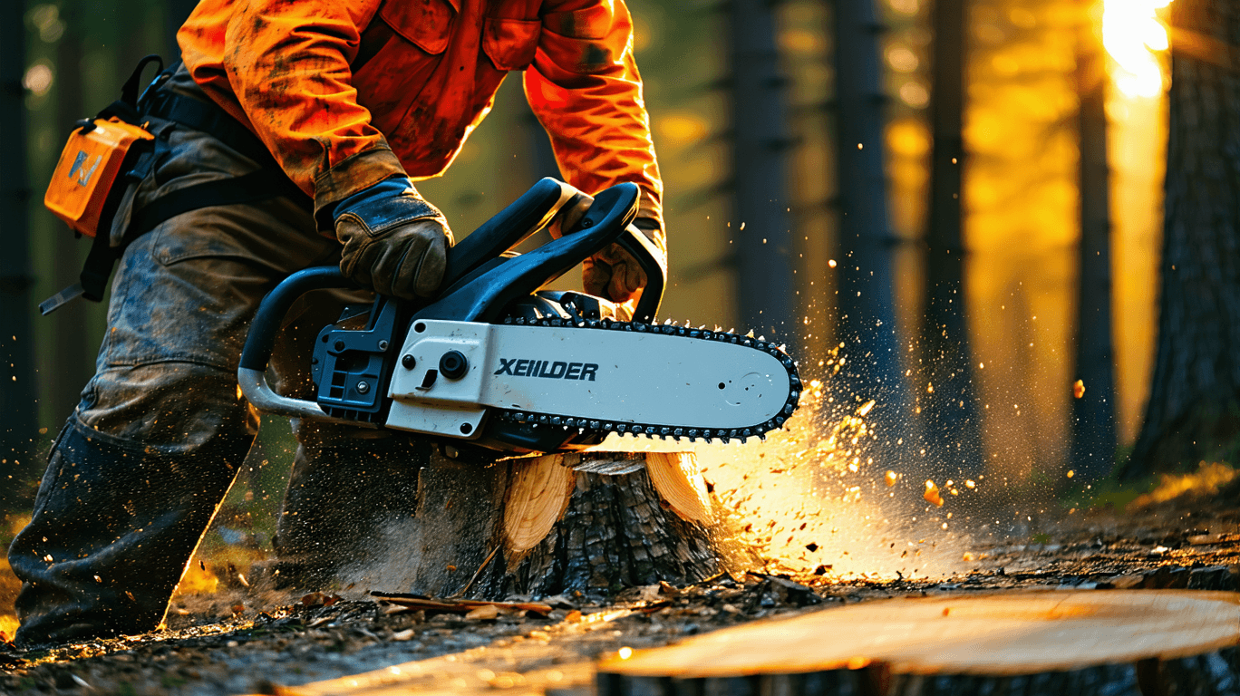 AI generated: Lumberjack cutting wood with chainsaw, close-up action shot, sawdust flying, golden hour sunlight, a...