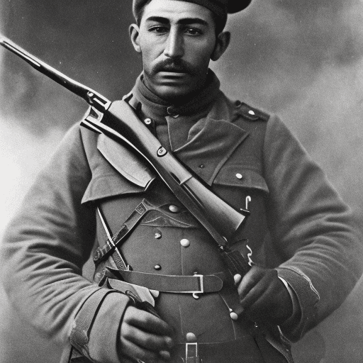 AI generated: high resolution portrait of an turkish soldier fighting in canakkale behind the trenches with his Ma...