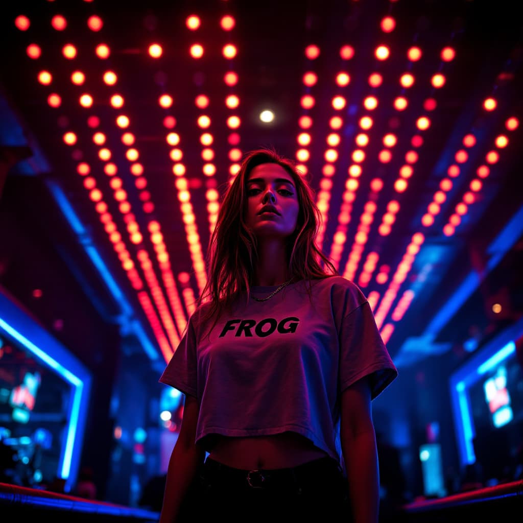 AI generated: cinematic, moody image, featuring attractive woman, Frog cropped tshirt, in front of Watergate, ceil...