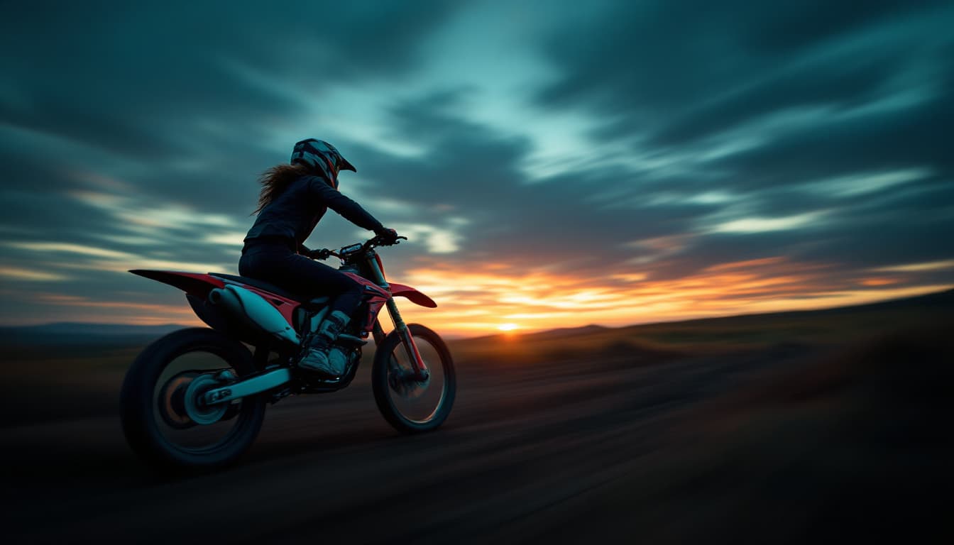 AI generated: ,long exposure photo of a woman on motocross in motion, blurred edges, ultrarealistic soft colors,sl...