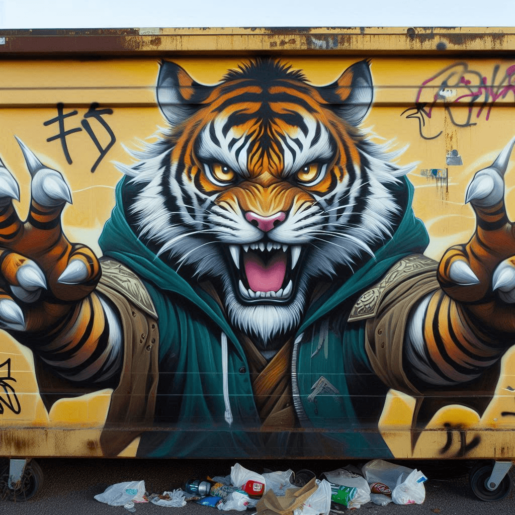AI generated: 
Graffiti drawing of an anime tiger man on a dumpster