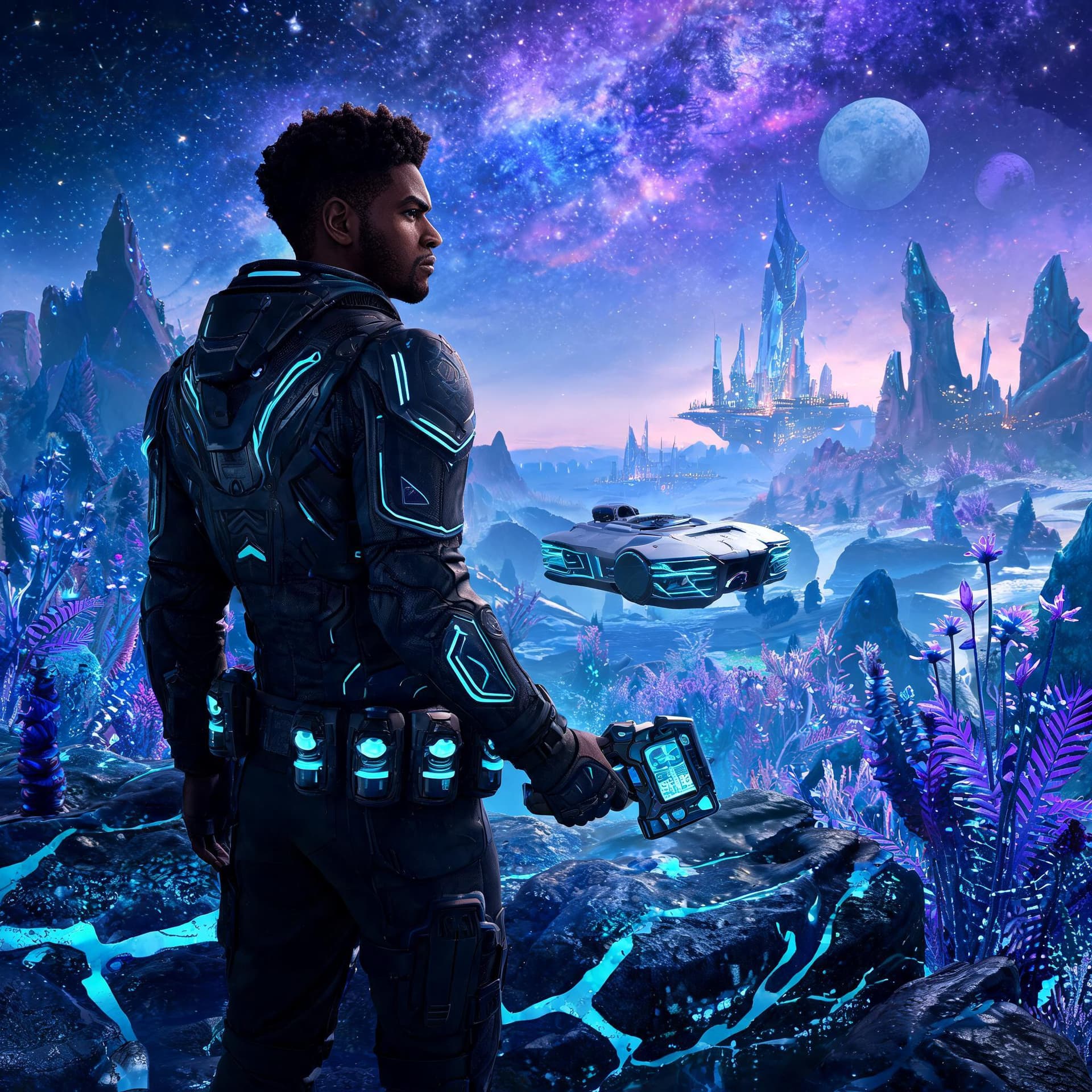 AI generated: Fantasy realism: A medium-dark-skinned male embarks on a journey to distant worlds with Sci-if art w...