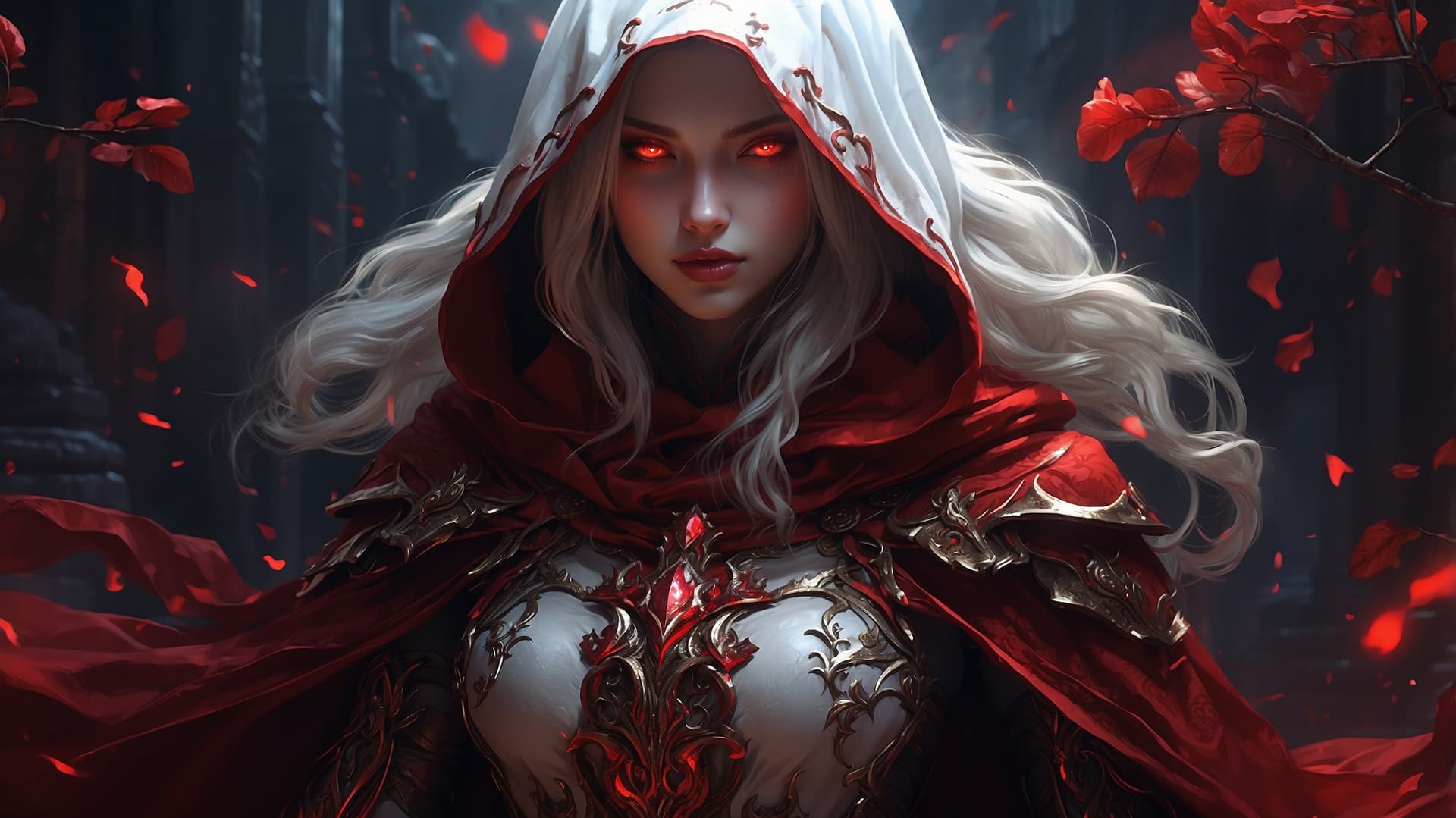 AI generated: Digital fantasy artwork featuring a female character with a striking and intense appearance. She has...