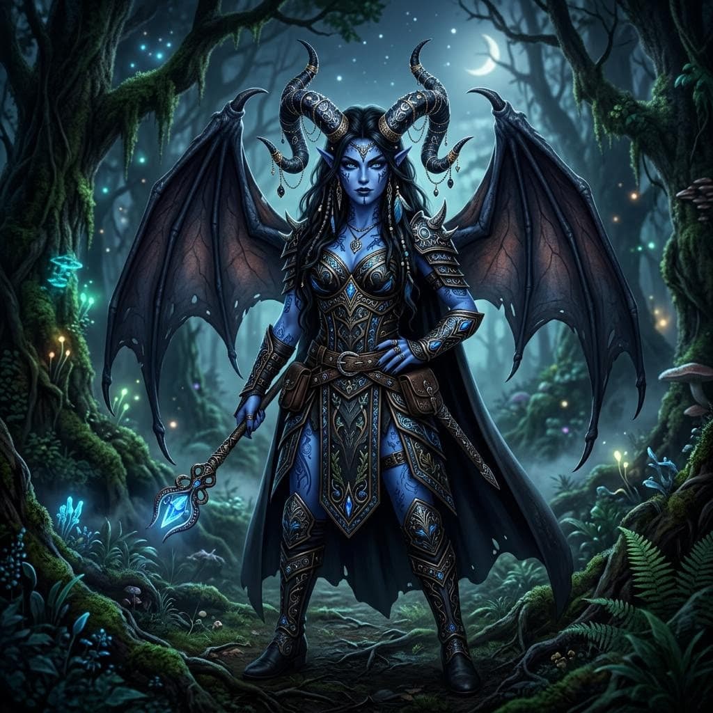 AI generated: a beautiful female demon with blue skin and black hair, ornately decorated devil horns and wearing i...