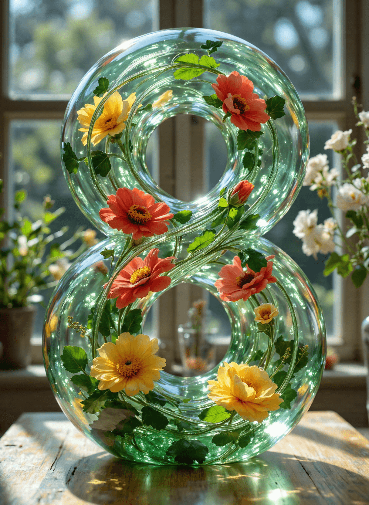 AI generated: The image depicts a beautifully crafted glass sculpture that resembles the number "8". The sculpture...