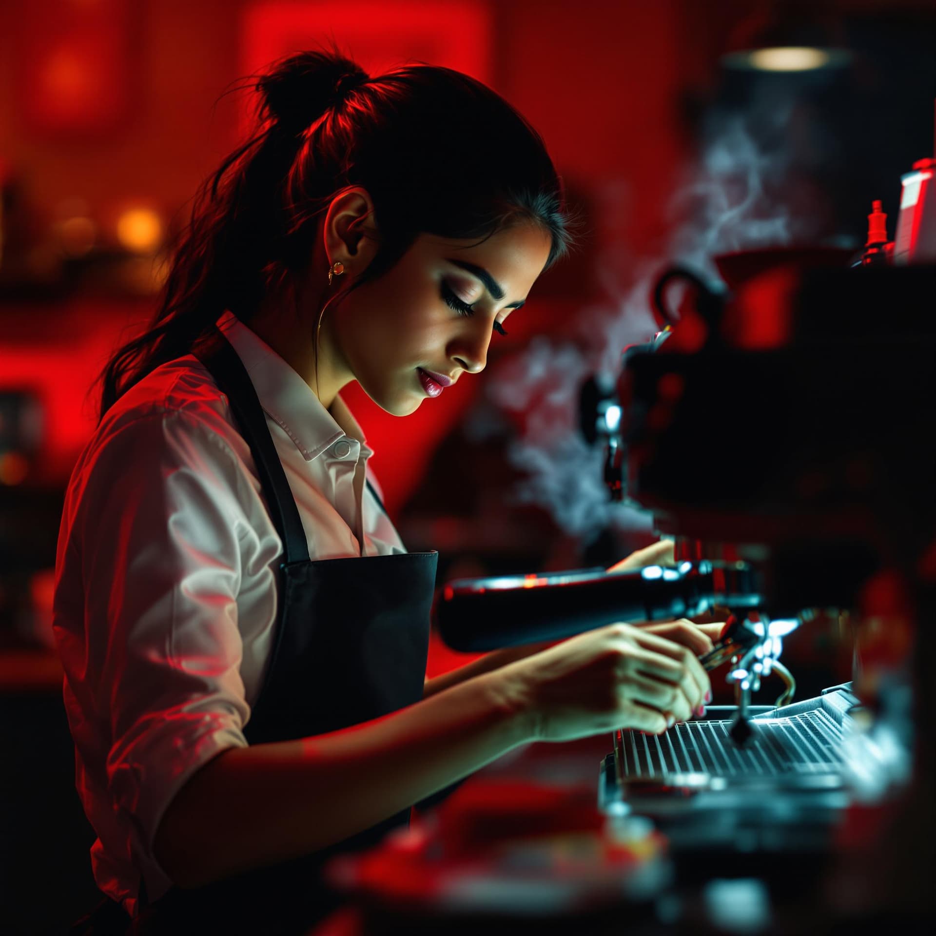 AI generated: The image presents a young Indian woman in a vibrant, atmospheric setting, presumably a coffee shop,...