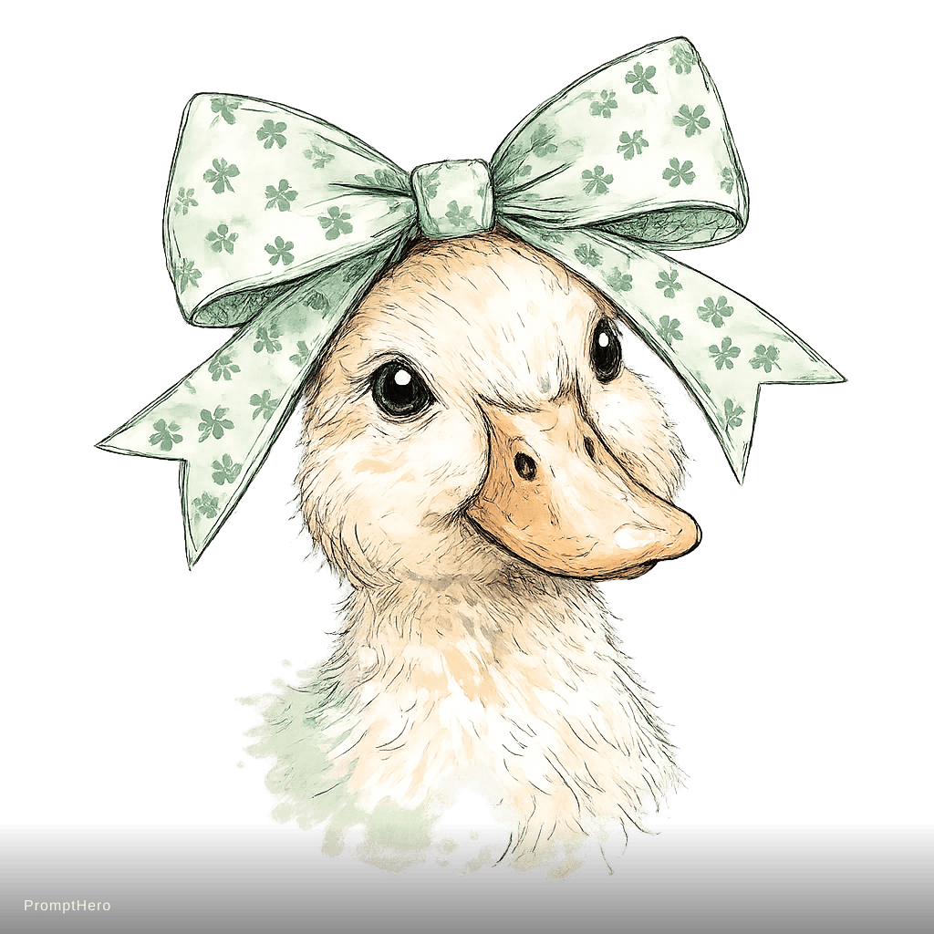 AI generated: trendy St Patrick's Day duck illustration, close portrait of an adorable duck in three quarter view,...