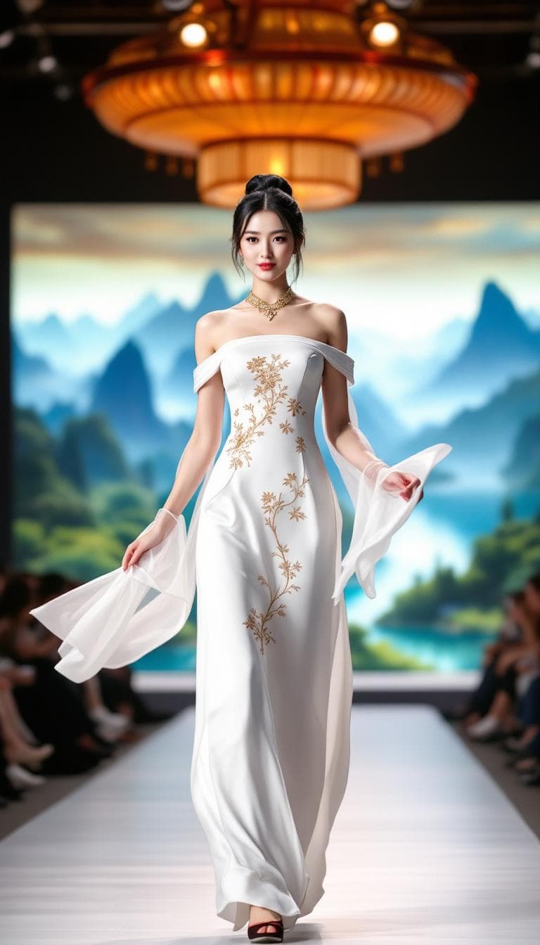 AI generated: A beautiful Chinese model, with a black bun, wearing a stunning traditional Chinese white cheongsam,...