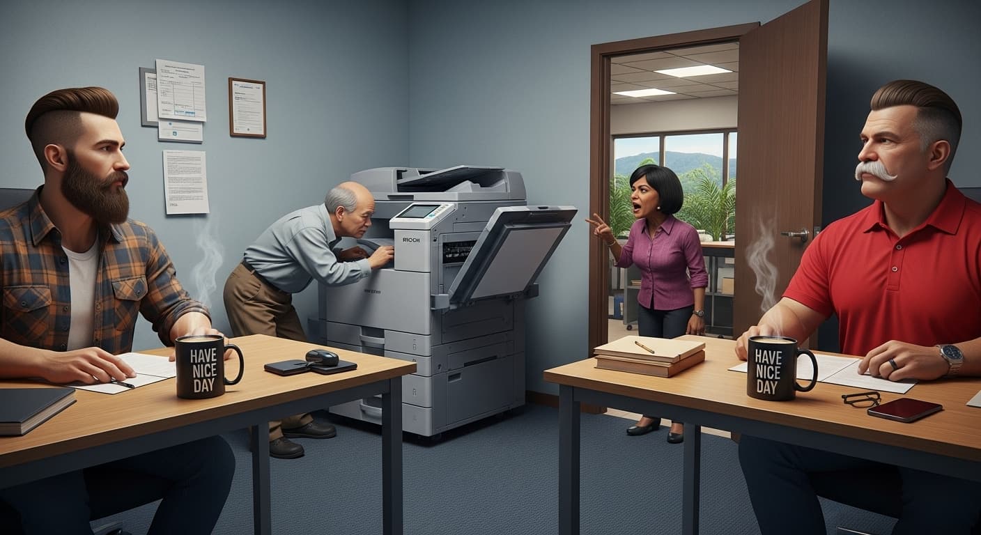 AI generated: Generate a realistic lifelike image of a small office, there are two corner desks opposite each othe...
