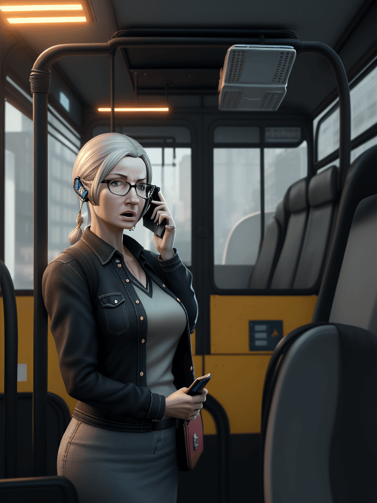 AI generated: Woman making phone call. holding a miniature bus. cinematic, hyper realism, high detail, octane rend...