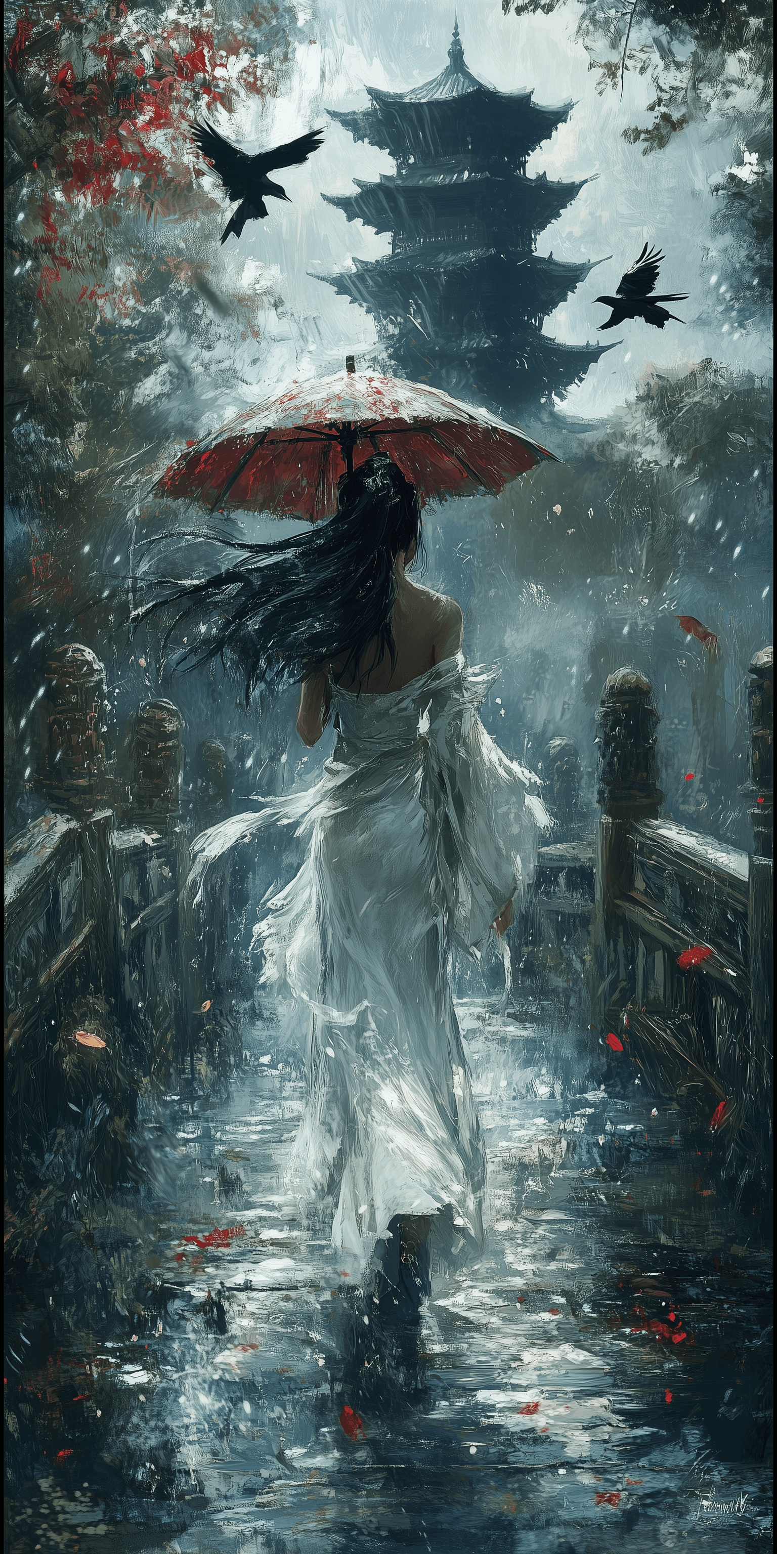 AI generated: A girl in a white dress holding an umbrella, her hair blowing in the wind as she walks on one side o...