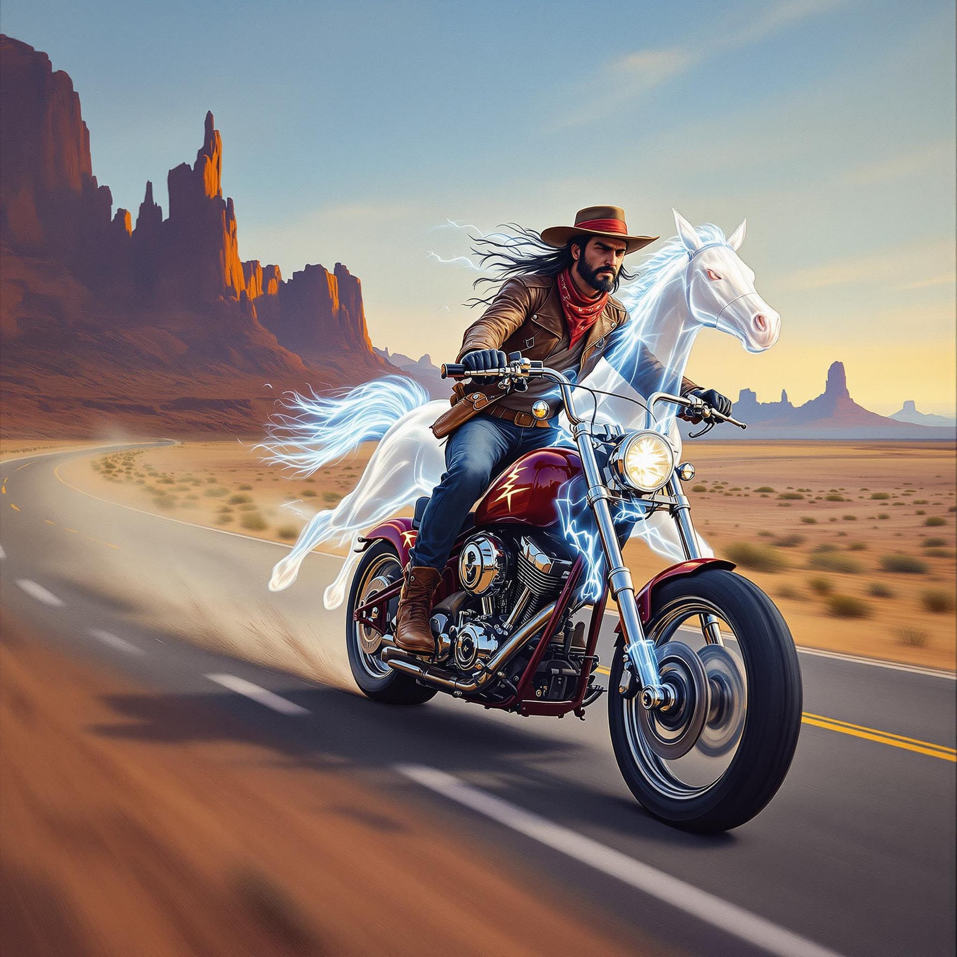 AI generated: "A breathtaking and surreal painting set in a wide-open desert landscape, featuring a lone biker rid...