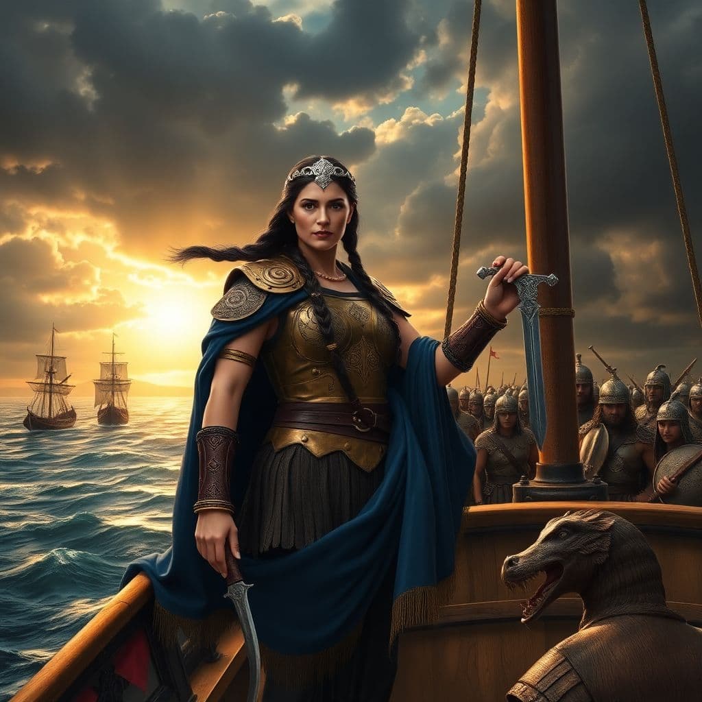 AI generated: Prompt: A powerful and determined Queen Teuta of Illyria stands at the prow of her warship, sailing ...