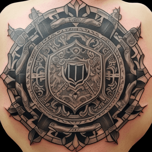 AI generated: A tattoo with A black and gray design incorporating an ornate shield, a sharp sword, and medieval ar...