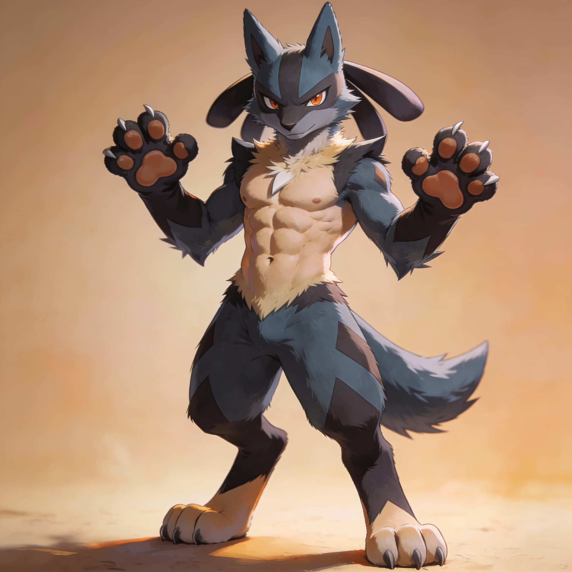 AI generated: Furry, Lucario, pokemon, abs, serious look, sexy, showing his feet paws


