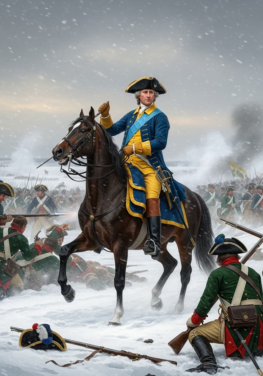 AI generated: King Karl XII of sweden at battle of narwa in 1700 ,winter snow ,swedish blue and yellow battle unif...