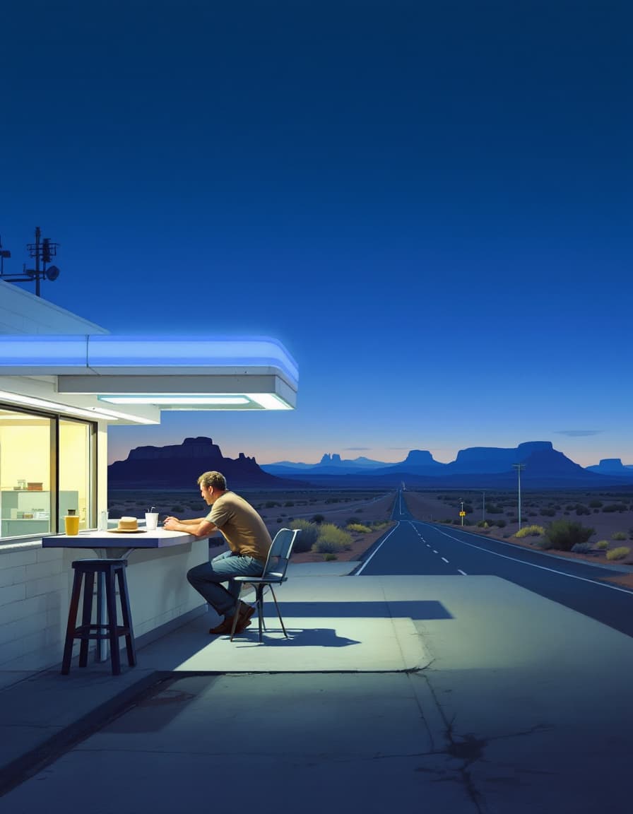 AI generated: A painting in the style of Edward Hopper, set in the 1960s, depicting a solitary man seated at the o...