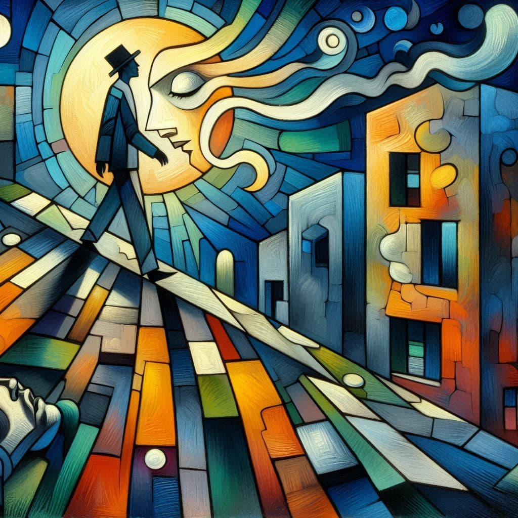 AI generated: A sleepwalker on the roof at full moon, abstract cubistic gouache painting in the style of Picasso a...
