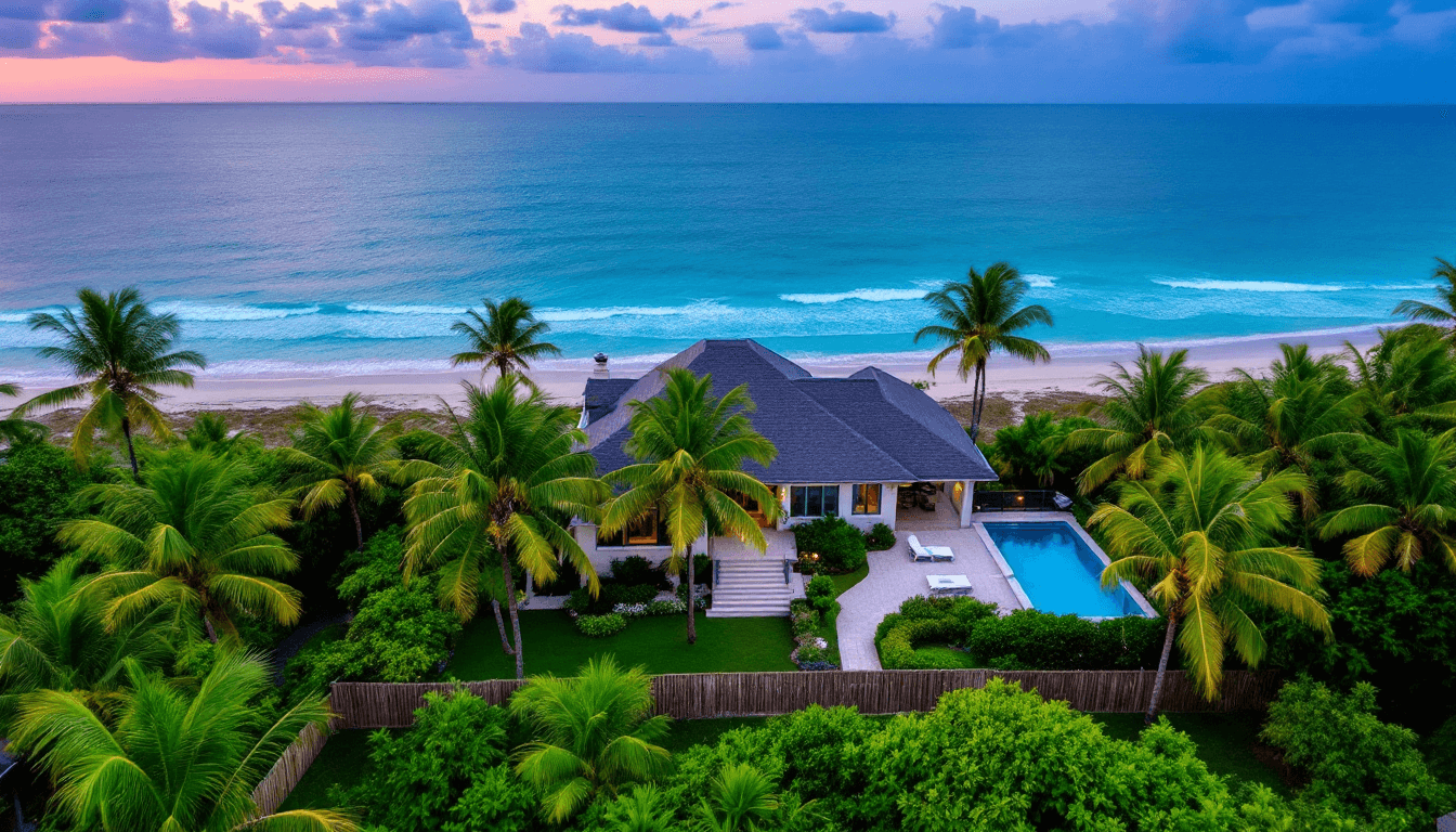 AI generated: An aerial view of a seaside luxurious beach house at night, surrounded by lush palm trees and tropic...