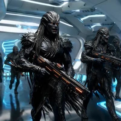 AI generated video: The characters from Reference Image 2 are engaged in a firefight within the environment shown in Ref...
