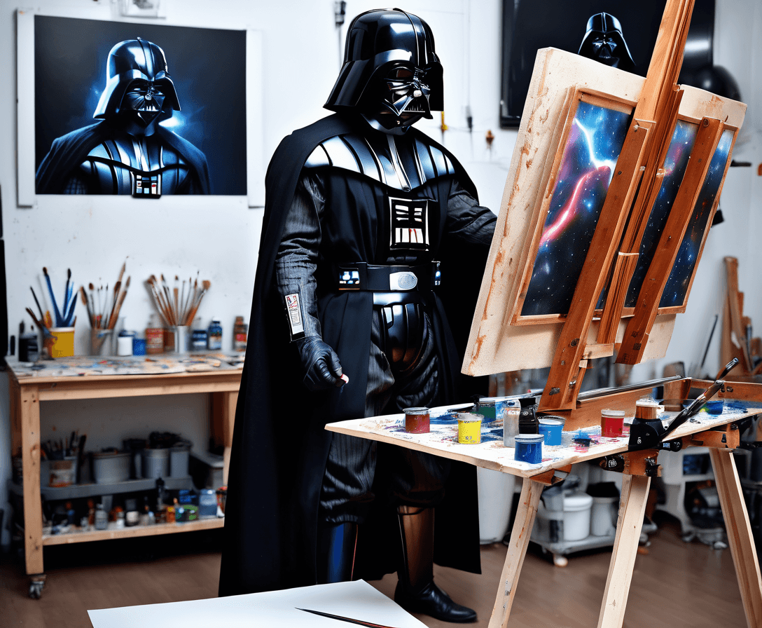 AI generated:  young jedi Anakin Skywalker painting a picture of darth vader on an Easel in a paint studio