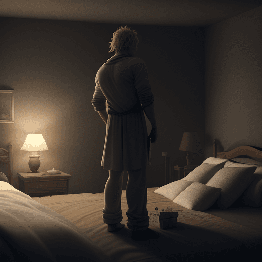 AI generated: Sandman standing with his back to a person sleeping peacefully in bed. He scratches his head, holdin...