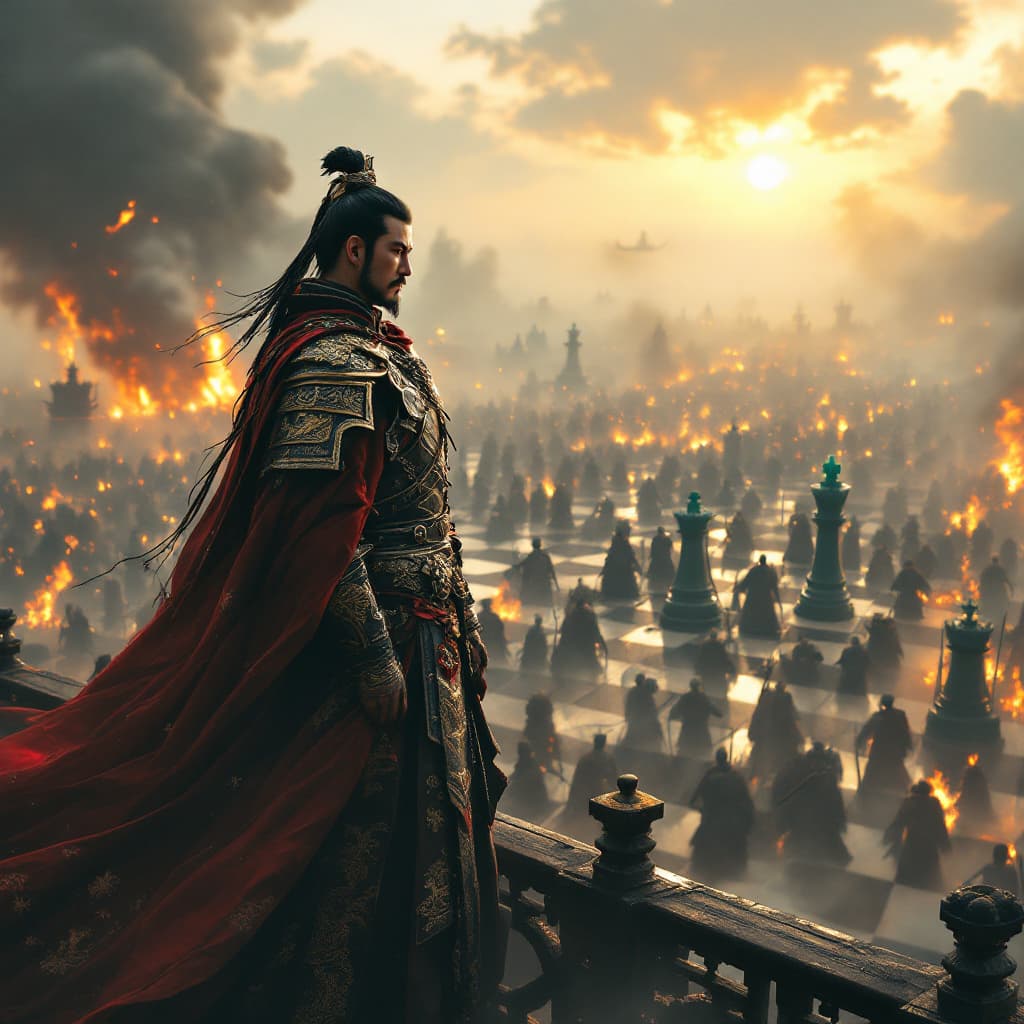 AI generated: A legendary Chinese general Zhou Yu, inspired by Sun Tzu, stands on the deck of a burning warship du...