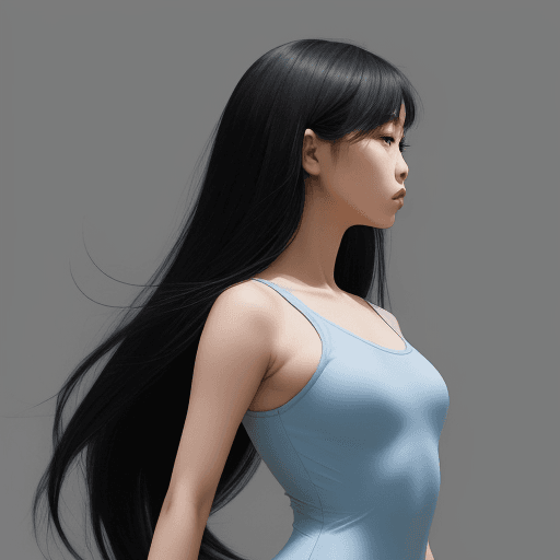 AI generated:  The image features a slim asian girl wearing a light blue leotard long black hair side view