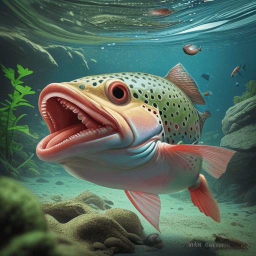 AI generated:  in the water, a fish (Trout) eats bait - an earthworm, a live earthworm - with a face, eyes and a s...
