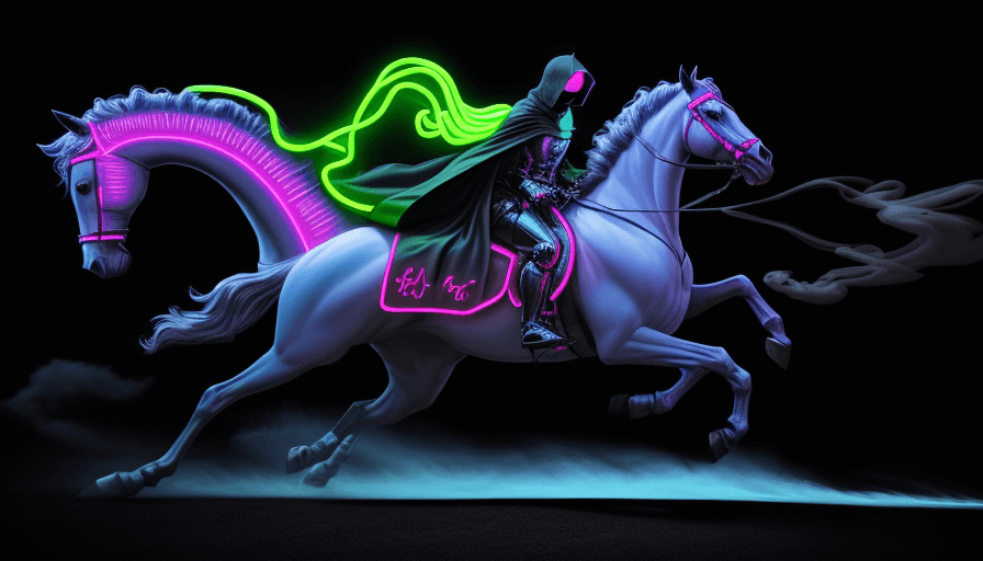 AI generated: art image of a hooded knight riding his neon horse in full gallop, color smoke around him, detailed,...