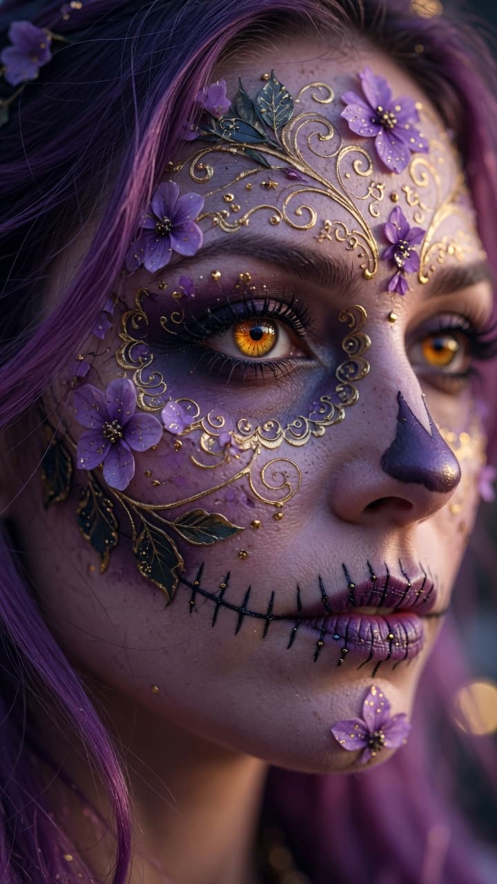 AI generated: Ultra-realistic close-up portrait photography of a beautiful woman with intricate Day of the Dead / ...