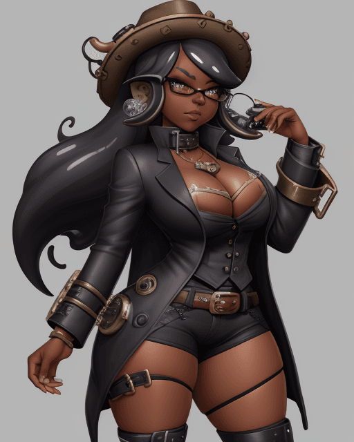 AI generated: splatoon, evil, dark skin, steampunk, coat, thick thighs, goddess, long hair, black, engineer, cow g...