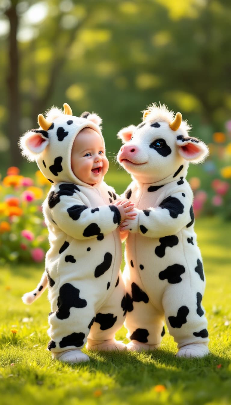 AI generated: A hyper-realistic image of a human baby and a baby cow, both the same size; the baby is dressed in a...