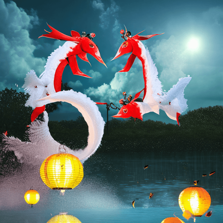 AI generated: Photo of yin traditional pure red chinese dragon, yang traditional chinese pure white dragon. Yin an...