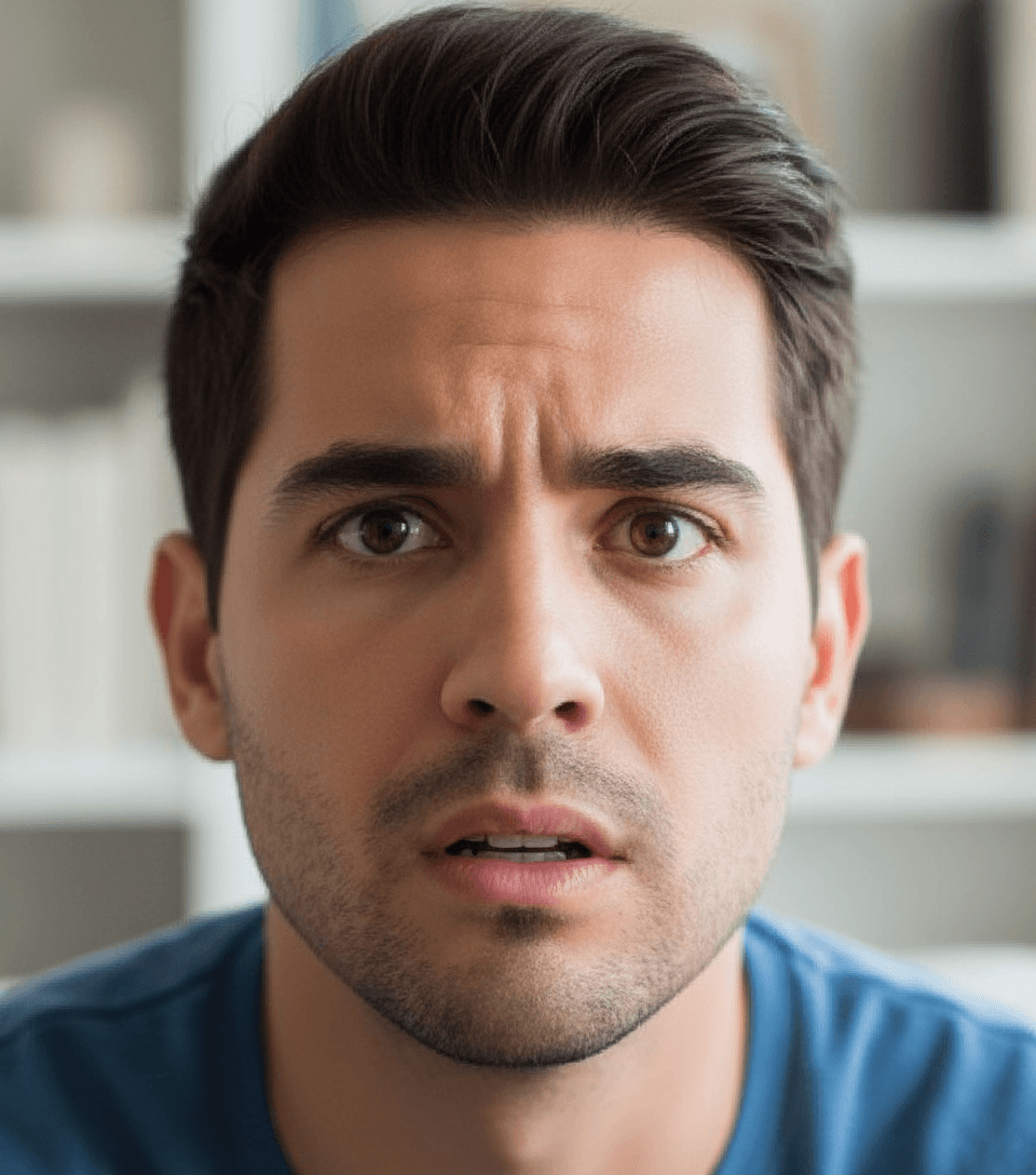 AI generated: Hispanic male, he has a nervous face. His looking up breathing heavily. He is very nervous. Make a c...